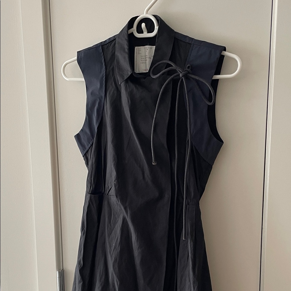 Sacai Black Navy Sleeveless Midi Dress with Tie Neck